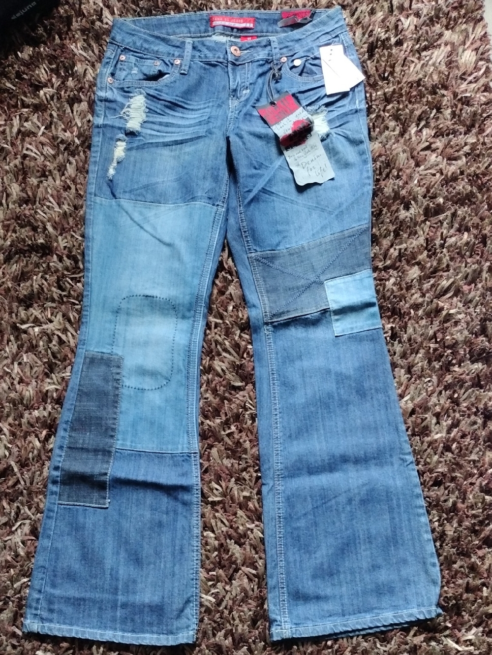 Women’s Blue Patchwork Flare Jeans with Distressed Details Jr 11 NWT
